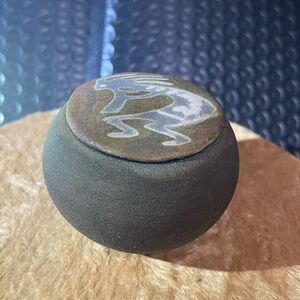 Black and Brown Ceramic Pot with Frog Design